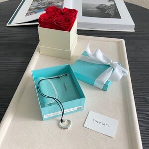 Tiffany Elsa Peretti Open Heart Pendant Cord Necklace Silver 27mm 18” $950